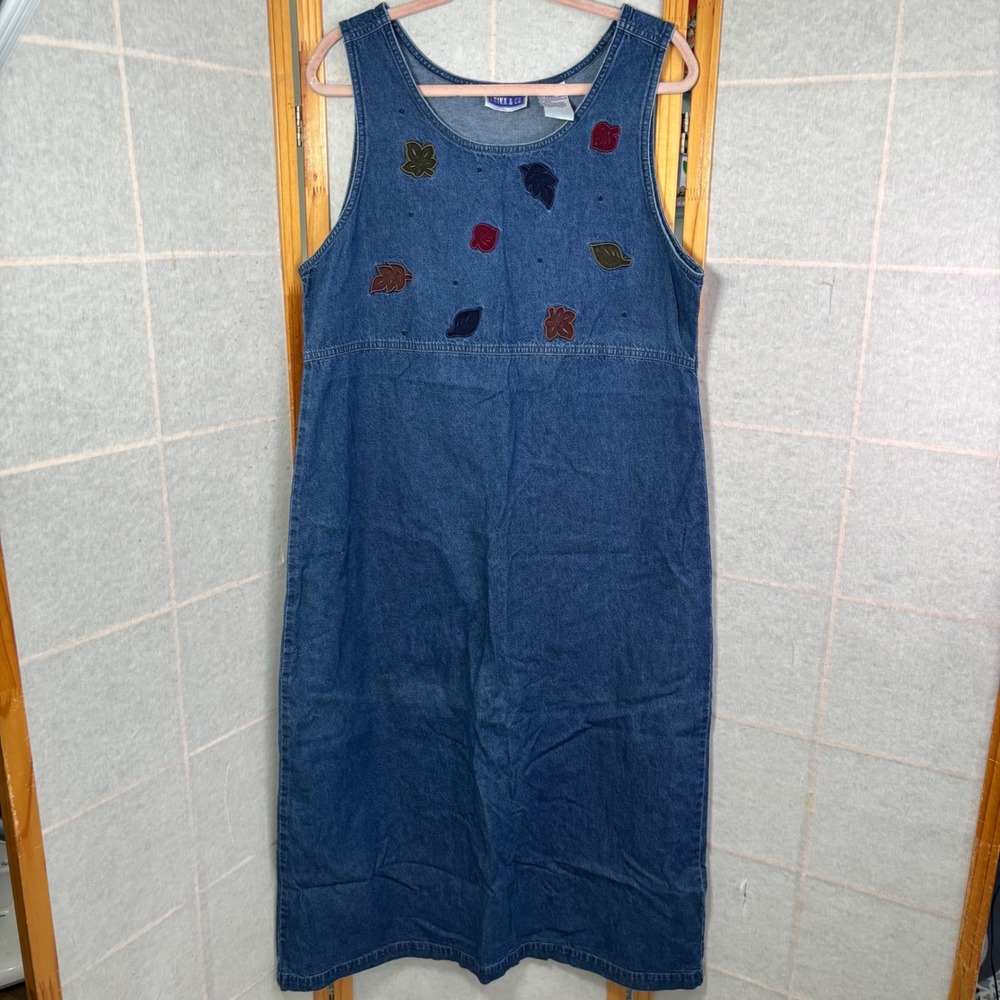 Erika‎ & Co Vintage Blue Denim Embroidered Leaf Jumper Dress Women Large